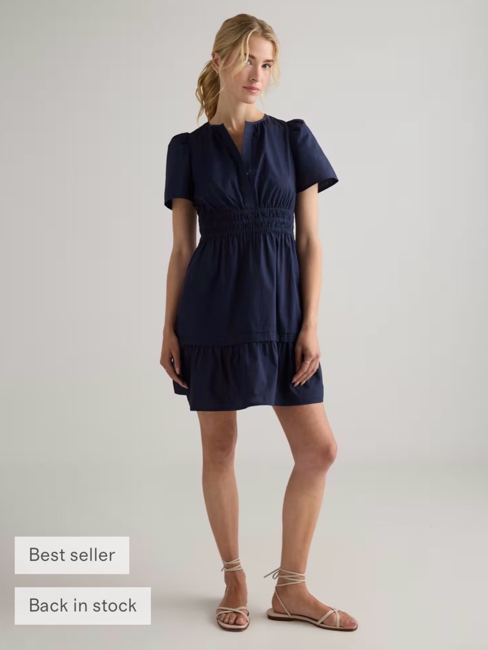 Quince Navy Short-Sleeve Smocked-Waist Mini Dress